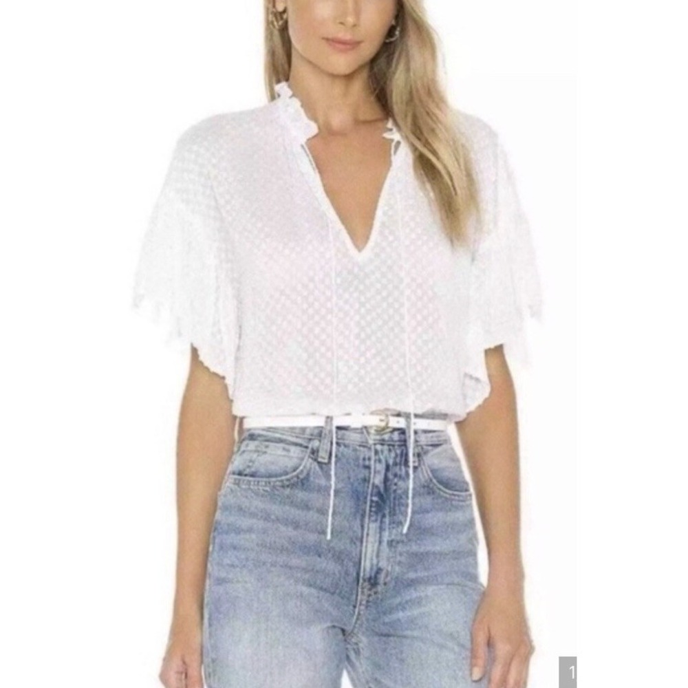 Alice + Olivia Semi-Sheer Julius Ruffle Neck Flutter Sleeve Tunic Top Blouse Xs